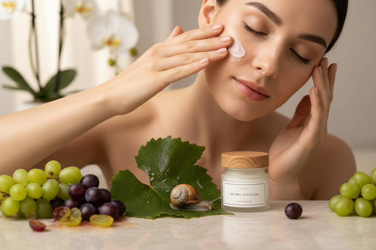 Donna che applica crema con uva e lumaca